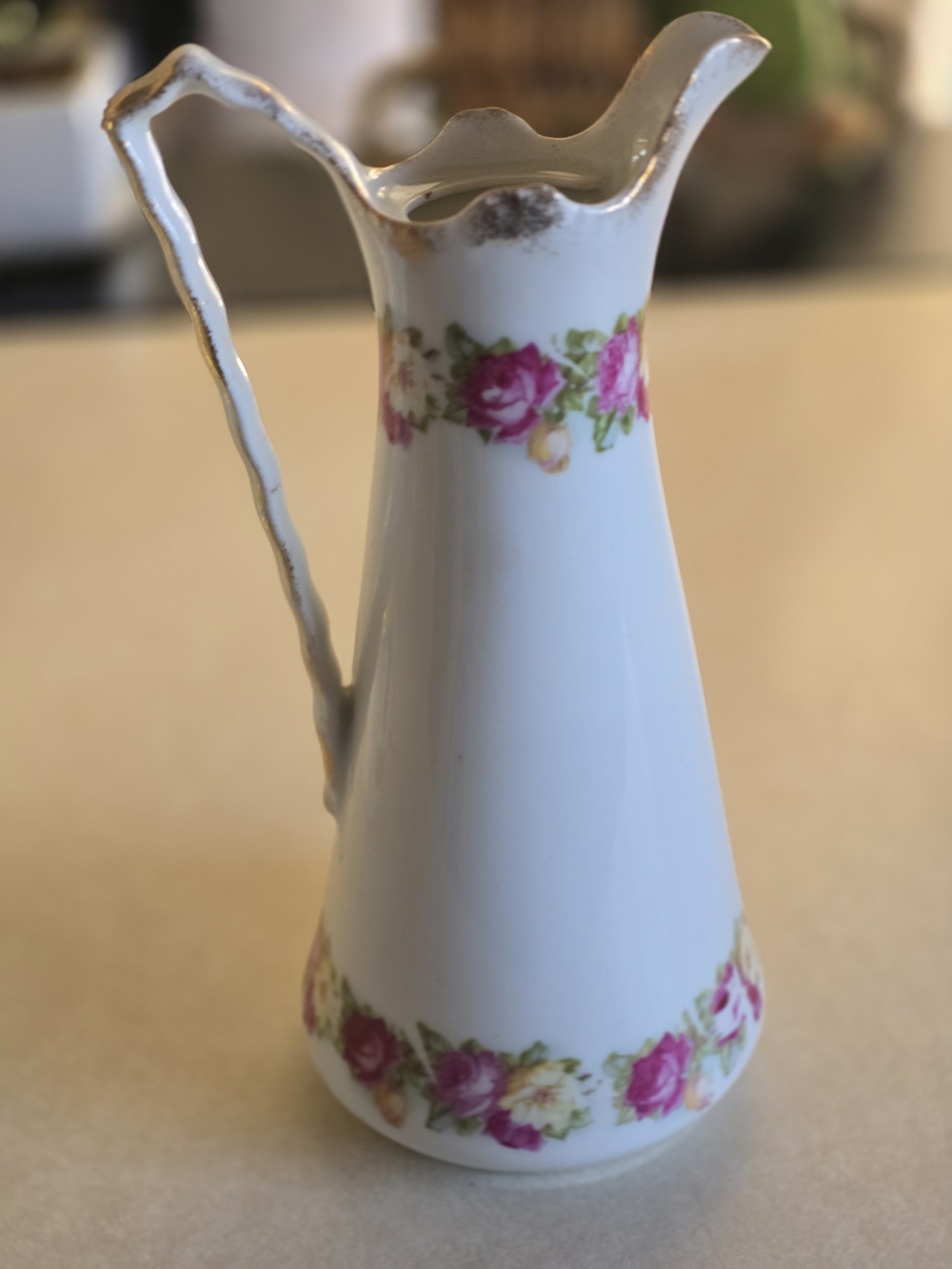 Vintage White Porcelain Floral Pitcher with Pink Rose Border